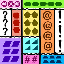 Load image into Gallery viewer, This puzzle has bright, vibrant colors with black and white accents. The composition is inspired by Piet Mondrian’s famous abstract grid paintings. Sections of varied sizes contain clusters of raised tactile shapes and symbols: circles, ovals, question marks, hexagons, pentagons, at signs (@), exclamation marks, rhombuses, triangles, number signs, and trapezoids.