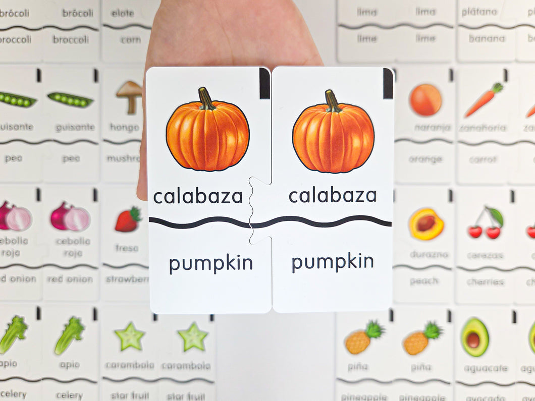 Memory Puzzles: Fruits & Veggies in English and Spanish