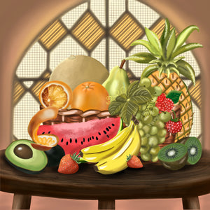 This classic still life motif puzzle has soft natural colors and features a close-up view of a dark, oval-shaped wood table overflowing with various colorful fruits. Each fruit has a distinct texture and tactile feel. 