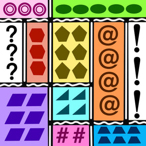 This puzzle has bright, vibrant colors with black and white accents. The composition is inspired by Piet Mondrian’s famous abstract grid paintings. Sections of varied sizes contain clusters of raised tactile shapes and symbols: circles, ovals, question marks, hexagons, pentagons, at signs (@), exclamation marks, rhombuses, triangles, number signs, and trapezoids. 