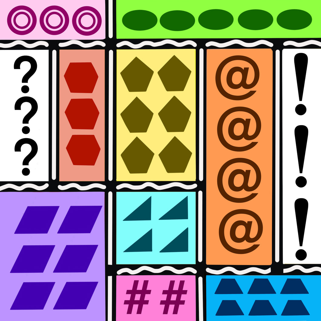 This puzzle has bright, vibrant colors with black and white accents. The composition is inspired by Piet Mondrian’s famous abstract grid paintings. Sections of varied sizes contain clusters of raised tactile shapes and symbols: circles, ovals, question marks, hexagons, pentagons, at signs (@), exclamation marks, rhombuses, triangles, number signs, and trapezoids. 