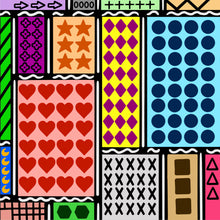 Load image into Gallery viewer, This puzzle has bold primary colors with black and white accents. The composition is inspired by Piet Mondrian’s famous abstract grid paintings. Sections of varied sizes contain clusters of shapes with a hand-drawn aesthetic. The artwork features raised tactile shapes: arrows, ovals, plus signs, zig-zags, diagonal stripes, flowers, five-point stars, diamonds, circles, hearts, x’s, squares, triangles, hexagons, lattice, and crescent moons. 
