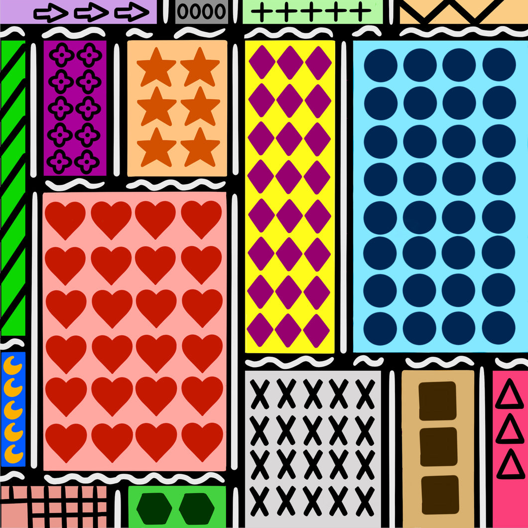 This puzzle has bold primary colors with black and white accents. The composition is inspired by Piet Mondrian’s famous abstract grid paintings. Sections of varied sizes contain clusters of shapes with a hand-drawn aesthetic. The artwork features raised tactile shapes: arrows, ovals, plus signs, zig-zags, diagonal stripes, flowers, five-point stars, diamonds, circles, hearts, x’s, squares, triangles, hexagons, lattice, and crescent moons. 