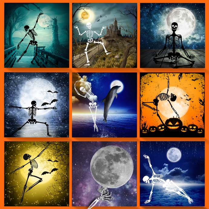 Skeletons do dance and yoga poses in front of various moon backdrops including a castle and a skeleton hand wrapping the string of a moon-like ballon.